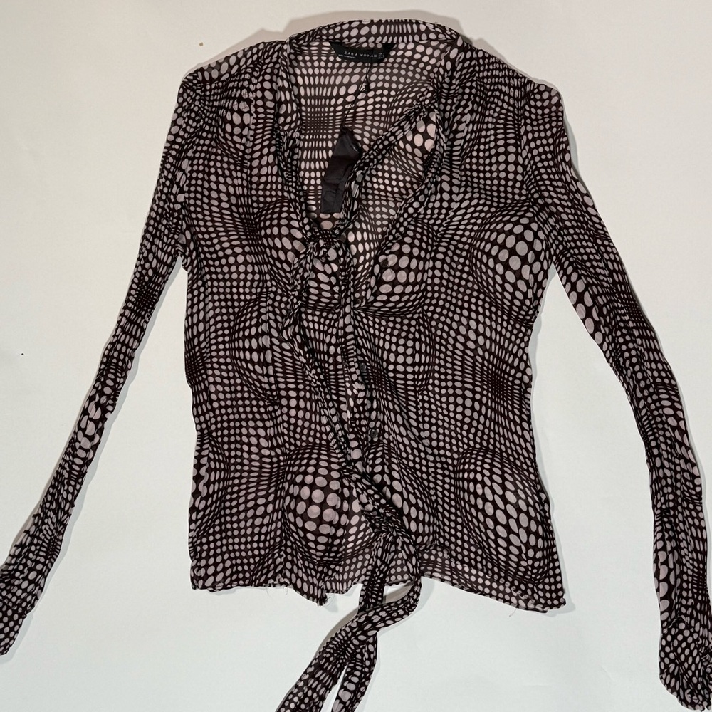 Zara Black and White Ruffled Tie Front Long Sleeve Blouse